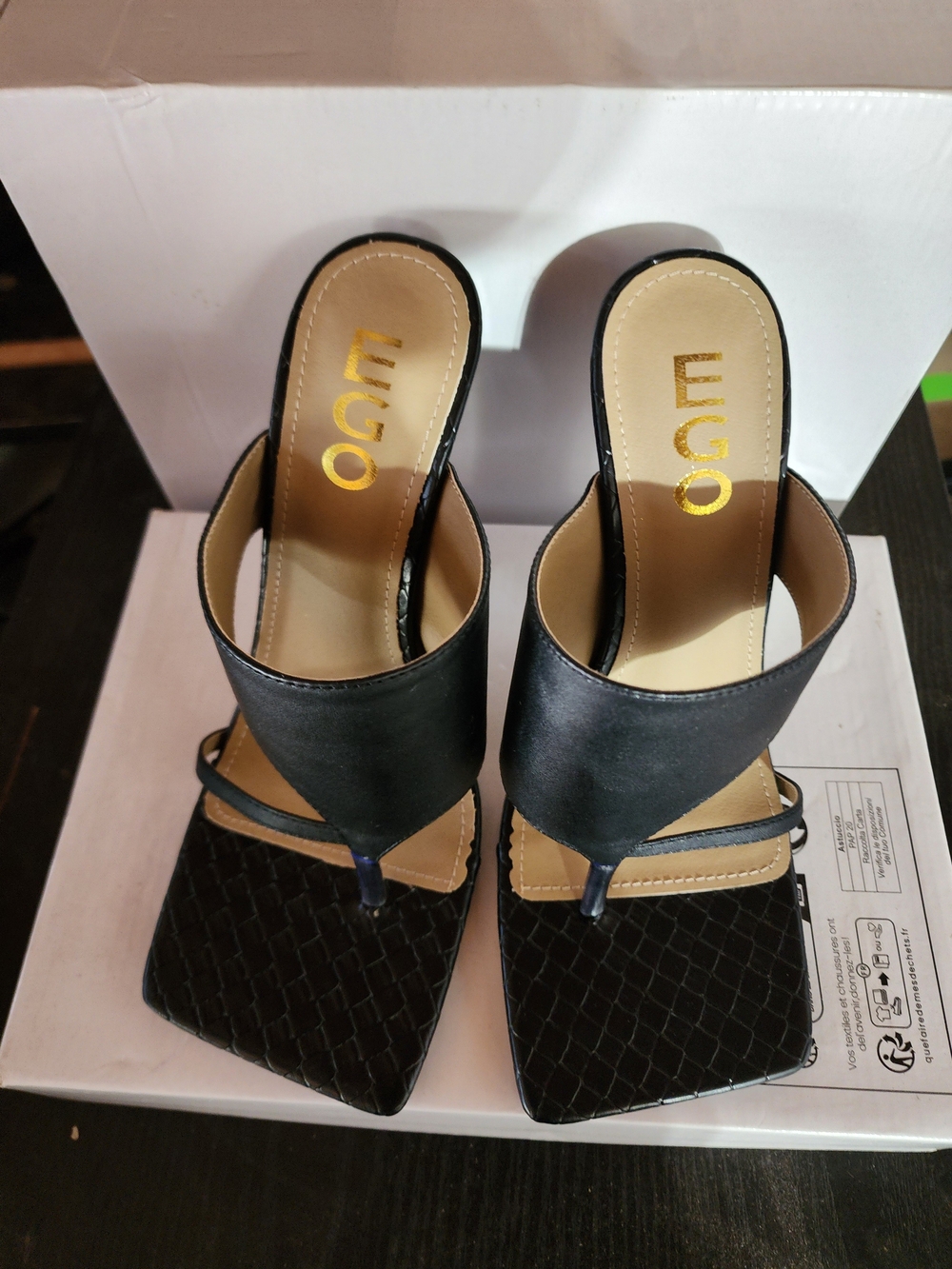 EGO Women's Black Slide Toe-Post Heeled Sandals